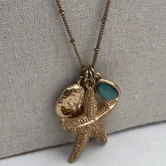 Layered Gold Necklace With Charms - Starfish Anchor & Blue Gem Summer Beach M10 - Picture 4 of 6